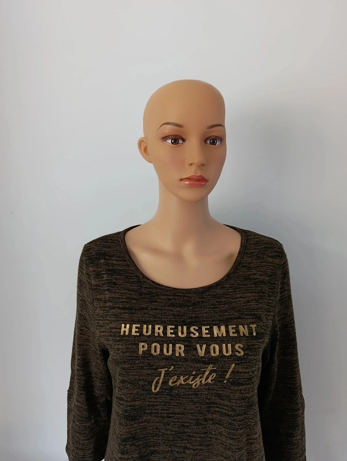 T-shirt La Halle femme L marron chiné manches 3/4 inscription dorée – photo 3